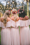 Simple Pink Off the Shoulder Pink Ruffles Long Bridesmaid Dresses HZ0509