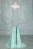 Beaded Mint Front Split Long Prom Dress Evening Dresses HZ0509