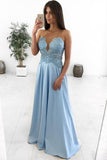 Illusion Round Neck Light Blue Satin Prom Dress with Appliques HZ0509