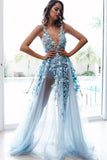V-Neck Backless Light Blue Prom Dress with Appliques HZ0509