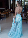 V-Neck Backless Light Blue Prom Dress with Appliques HZ0509