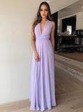 V-Neck Floor-Length Lilac Chiffon Prom Bridesmaid Dress HZ0509