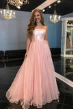 Strapless Floor-Length Pink Tulle Prom Dress with Belt HZ0509