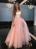 Strapless Floor-Length Pink Tulle Prom Dress with Belt HZ0509