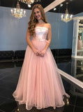 Strapless Floor-Length Pink Tulle Prom Dress with Belt HZ0509