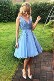 Blue V-Neck Lace Cheap Short Homecoming Dress With Lace Appliques HZ0509