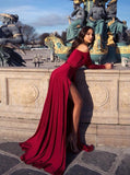 Off-the-Shoulder Long Sleeves Burgundy Elegant Prom Dress with Split HZ0509