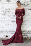 Sleeve Lace Maroon Mermaid Prom Dresses Off the Shoulder Evening Dress HZ0509