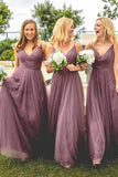 Spaghetti Straps V Neck Floor-Length Light Purple Tulle Bridesmaid Dress HZ0509