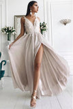 V-Neck Floor-Length Chiffon Prom Dress with Appliques HZ0509