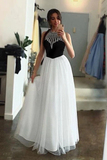 White Tulle Long Prom Dress With Black Top A Line Sleeveless Long Party Dress with Beading HZ0509