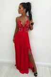 Spaghetti Straps Red Chiffon Prom Dresses with Lace Split HZ0509