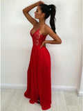 Spaghetti Straps Red Chiffon Prom Dresses with Lace Split HZ0509