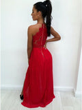 Spaghetti Straps Red Chiffon Prom Dresses with Lace Split HZ0509