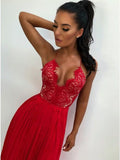 Spaghetti Straps Red Chiffon Prom Dresses with Lace Split HZ0509