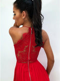 Spaghetti Straps Red Chiffon Prom Dresses with Lace Split HZ0509