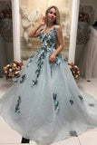 Line V Neck Long Prom Gown With Appliques, Formal Evening Dress HZ0509