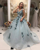 Line V Neck Long Prom Gown With Appliques, Formal Evening Dress HZ0509