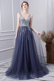 Line V Neck Tulle Navy Blue Long Prom Dresses With Beading HZ0509
