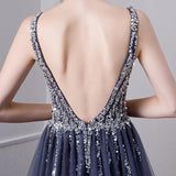 Line V Neck Tulle Navy Blue Long Prom Dresses With Beading HZ0509