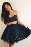 A-Line Sweetheart Navy Blue Tulle Short Homecoming Dress with Beading HZ0509