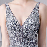 Line V Neck Tulle Navy Blue Long Prom Dresses With Beading HZ0509