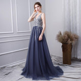 Line V Neck Tulle Navy Blue Long Prom Dresses With Beading HZ0509
