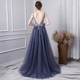 Line V Neck Tulle Navy Blue Long Prom Dresses With Beading HZ0509