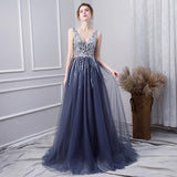 Line V Neck Tulle Navy Blue Long Prom Dresses With Beading HZ0509