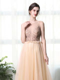 Line Bateau Tulle Long Prom Dresses With Beads HZ0509