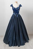 Elegant Dark Navy Cap Sleeves A Line Long Prom Gown with Appliques HZ0509
