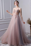 A Line Spaghetti Straps Tulle Beaded Prom Dresses With Appliques HZ0509