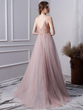 A Line Spaghetti Straps Tulle Beaded Prom Dresses With Appliques HZ0509