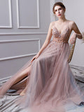 A Line Spaghetti Straps Tulle Beaded Prom Dresses With Appliques HZ0509