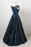 Elegant Dark Navy Cap Sleeves A Line Long Prom Gown with Appliques HZ0509