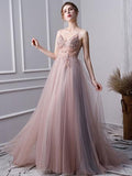 A Line Spaghetti Straps Tulle Beaded Prom Dresses With Appliques HZ0509