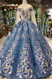 Long Sleeves Lace Up Back Blue Appliques Prom Dresses HZ0509
