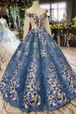 Long Sleeves Lace Up Back Blue Appliques Prom Dresses HZ0509