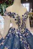 Long Sleeves Lace Up Back Blue Appliques Prom Dresses HZ0509