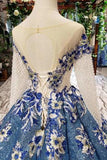Long Sleeves Lace Up Back Blue Appliques Prom Dresses HZ0509