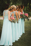 Arrival A-Line V-Neck Floor-Length Mint Open Back Chiffon Bridesmaid Dress with Lace HZ0509