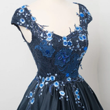 Elegant Dark Navy Cap Sleeves A Line Long Prom Gown with Appliques HZ0509