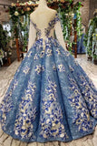Long Sleeves Lace Up Back Blue Appliques Prom Dresses HZ0509