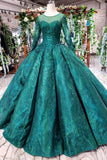 Long Sleeves Lace Up Back Green Prom Dresses HZ0509