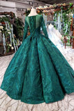 Long Sleeves Lace Up Back Green Prom Dresses HZ0509