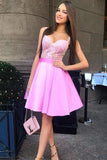 Spaghetti Straps Pink Satin Homecoming Dress with Appliques,Cheap Short Prom Dress HZ0509