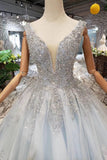Arrival Wedding Dresses V Neck Lace Up Back Beads Prom Dress Tulle HZ0509