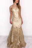 Mermaid Illusion Neck Ruffles Gold Long Prom Dress HZ0509