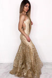 Mermaid Illusion Neck Ruffles Gold Long Prom Dress HZ0509