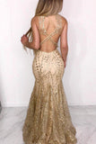 Mermaid Illusion Neck Ruffles Gold Long Prom Dress HZ0509